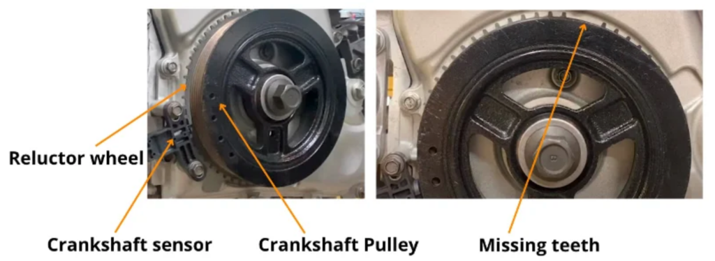 Crankshaft-position sensor and reluctor wheel with the reference gap marked.