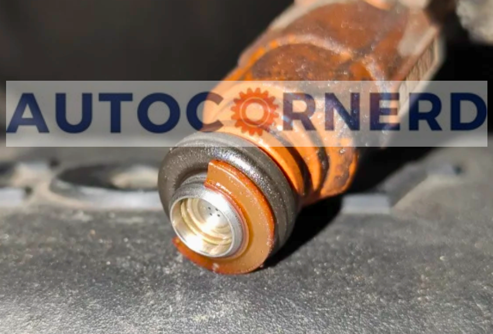 Fuel-injector tip and orange sealing O-ring shown close up.