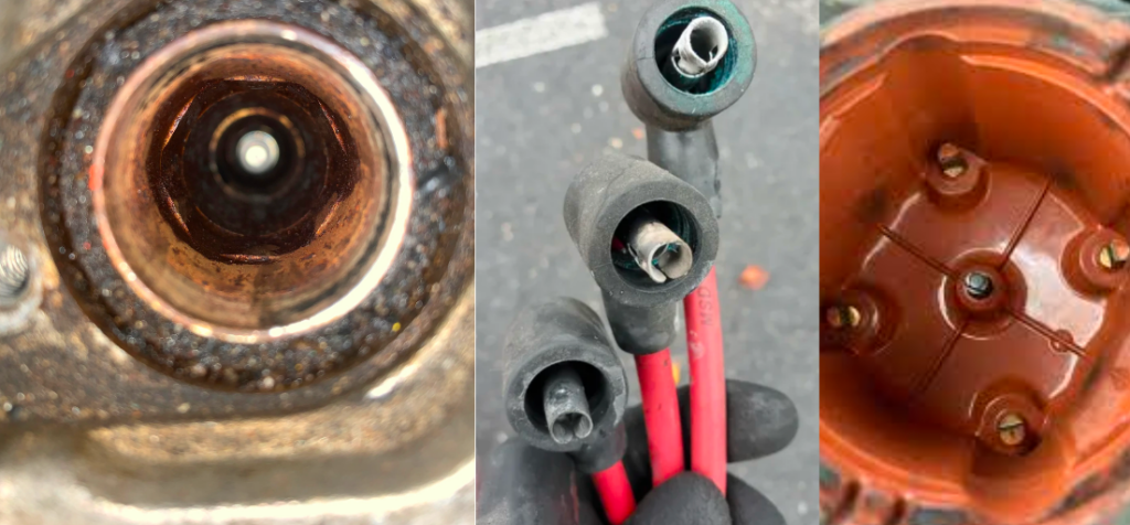 Three photos showing a spark-plug well, ignition lead sockets, and a distributor cap.