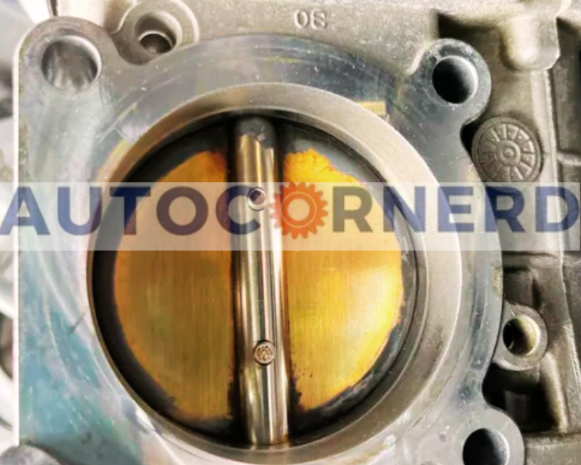 Throttle-body bore with a closed butterfly plate and deposits near its edges.